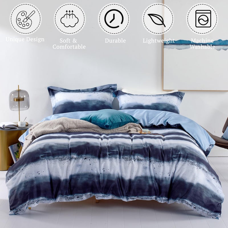 MILDLY 100% Long-Staple Cotton Duvet Cover Set Navy & White Striped Watercolor Pattern Printed Comforter Cover 3pcs, Ultra Soft & Breathable Bedding Set - Image 2